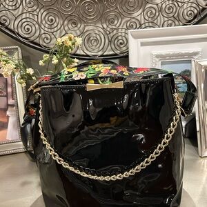 Betsey Johnson Black Patent Shoulder Bag with Floral Accent and Gold Chain